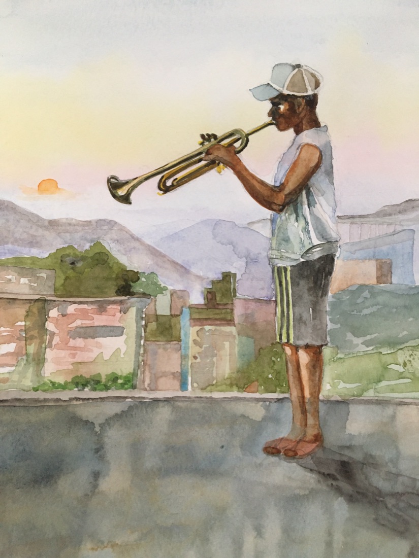 Watercolour painting of a young trumpeter playing at sunset over the rooftops of a Rio favela